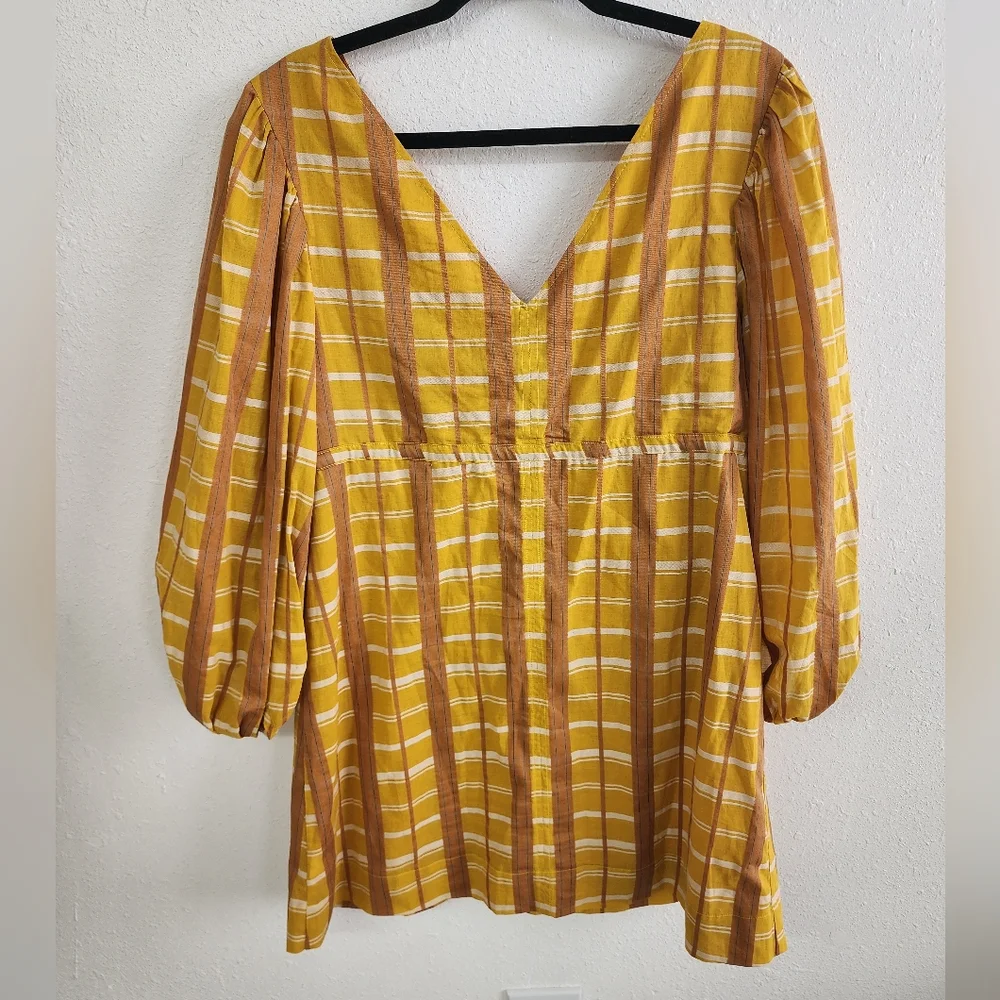 STAUD Keshi Dress Mustard Plaid Long Sleeve Mini Dress V neckline Size Large - Picture 5 of 7